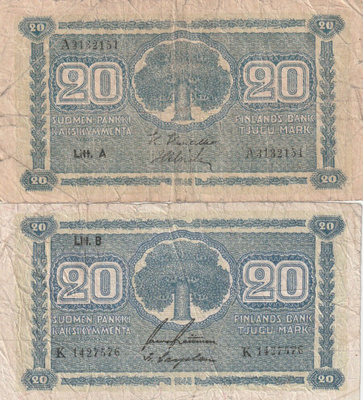 20 markkaa 1945 Litt. A ja Litt. B