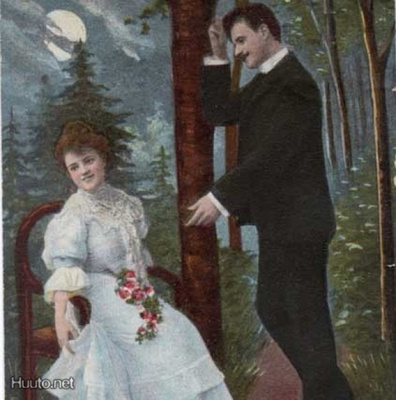 RAKKAUS / Nuori nainen ja mies kuutamossa metsässä. 1900-l.