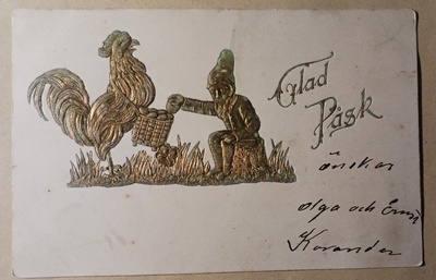 Tonttu ja pääsiäiskukko munakorin äärellä, p. 1900-l. alku
