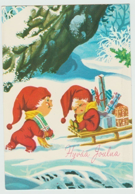Reessä torkkuva tonttu ja lahjat