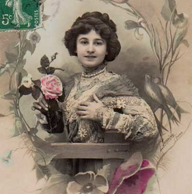 NAINEN / Eksoottisen kaunis tyttö, kukkia ja linnut. 1900-l.