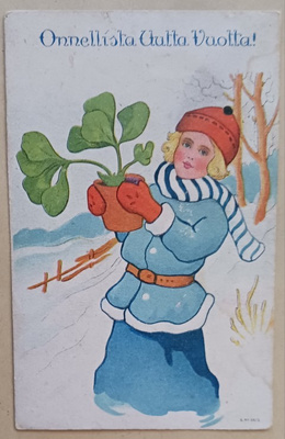 Pikkuleidi tuo Uuden Vuoden apilaruukun, k. k-k 1924