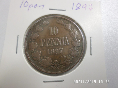 10 penniä 1897 Rahakehyksessä Kl 6 siisti.