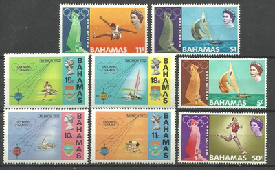 OLYMPIALAISET urheiluaihetta 2 sarjaa BAHAMA 1968 & 1972 **