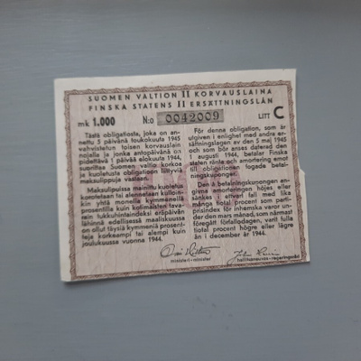 Suomen valtion korvauslaina 1000mk -45 "kultareuna"