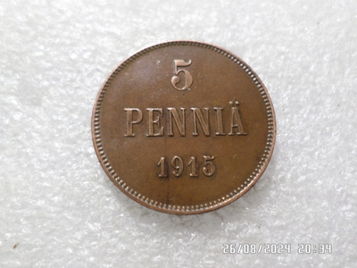 5 penniä 1915 kulkematon tasaisesti patinoitunut vieheetön