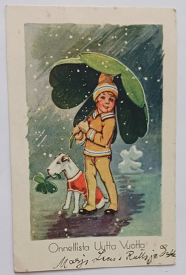 Koira ja lapsi apilanlehti sateenvarjona, p. 1949