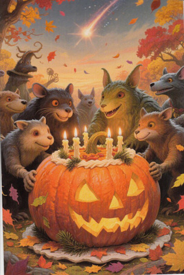 Halloween eläimet ison kurpitsan ympärillä