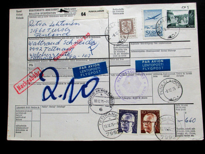 1975 Punkalaidun sekapostite lentopakettikortilla