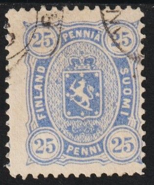 1885 25 p sininen Vaakunamerkki leimattuna, hyvä siirtymä