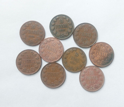 10 penniä 1865-1917 - 9 kpl 
