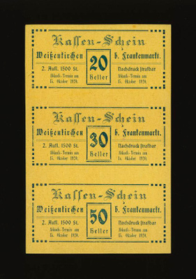 Itävalta Notgeld 20, 30, 50 Heller, Weissenkirchen