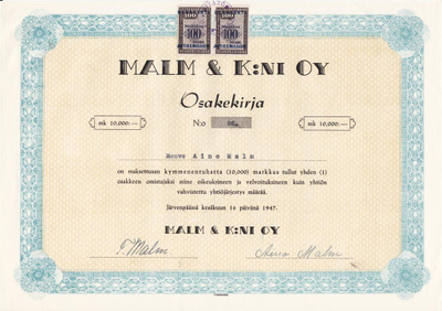 OKK 1947 Malm & K:ni Oy, Järvenpää osakekirja