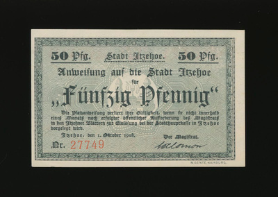 Saksa Notgeld 50 Pfennig, Itzehoe 1.10.1918