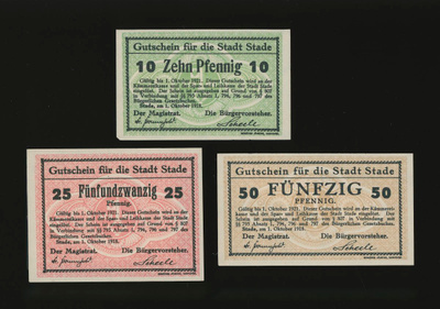Saksa Notgeld 10, 25, 50 Pfg, Stade 1.10.1918