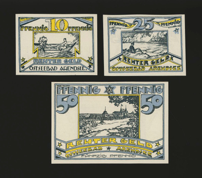 Saksa Notgeld 10, 25, 50 Pfg, Arendsee 1922