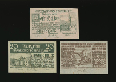 Itävalta Notgeld 10, 20, 50 Heller, Traismauer 1920