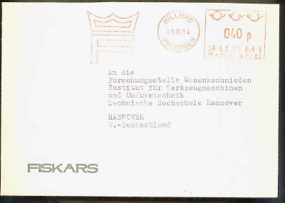 1964 kirje frankkeerausleimalla Saksaan, Fiskars - Pinjainen