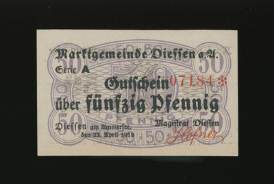 Saksa Notgeld 50 Pfennig, Diessen 22.4.1919
