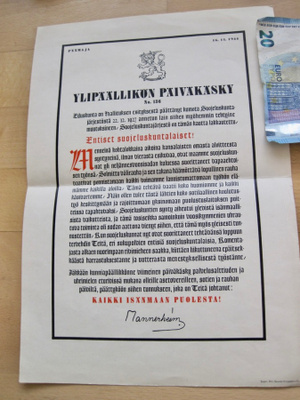 VANHA Päiväkäsky Mannerheim 16.11.1944 Suojeluskunta Lakkaa