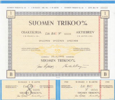 OKK 1988 Suomen Trikoo Oy, Tampere osakekirja pörssi spec