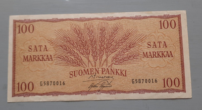 seteli 100mk 1957 sarja G, taittamaton, hyvä