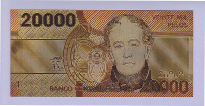 Chile 20000 Pesos v.2015 UNC kullattu (muoviseteli)