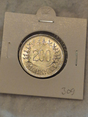 Hopearaha 200 markkaa 1958 H, Suomi, 8,3 g Ag500