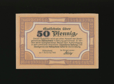 Saksa Notgeld 50 Pfennig, Höhscheid 1.11.1919