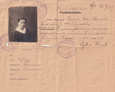 HENKILÖTODISTUS 1919 TURUN POLIISIKAMARIN LEIMAT