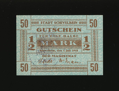 Saksa Notgeld 1/2 Mark, Schivelbein 1918