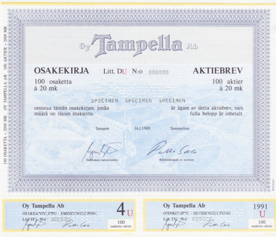 OKK 1989 Tampella Oy spec, Tampere pörssi osakekirja