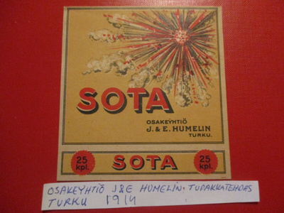 ERITTÄIN HARVINAINEN TUPAKKAETIKETTI SOTA 1914 (ET1)