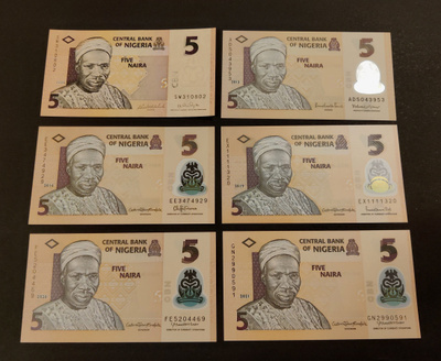 Nigeria 5 Naira, 6kpl erilaisia, XF-UNC