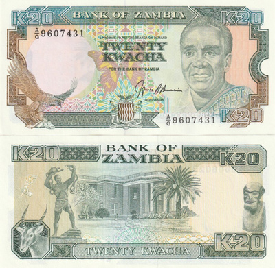 ZAMBIA 20 KWACHA ND (1989-1991) P-32b UNC (K13-S65)