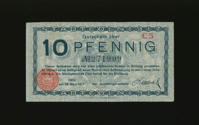 Saksa Notgeld 10 Pfennig, Köln 29.3.1917 C5 VF