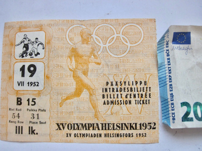 VANHA Pääsylippu Helsinki 1952 Olympia Jalkapallo 19.7.52