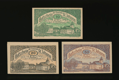 Itävalta Notgeld 10, 20, 50 Heller, St. Johann 1920