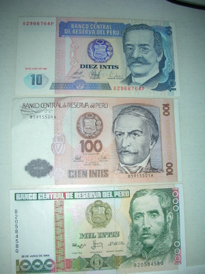 peru 10, 100 ja 1000 intis setelit