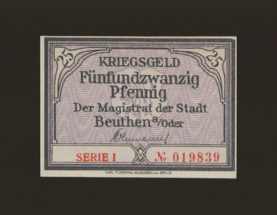 Saksa Notgeld 25 Pfennig, Beuthen