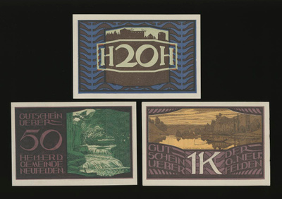 Itävalta Notgeld 20, 50 Heller, 1 Krone, Neufelden