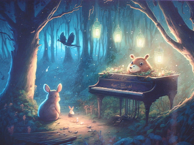 Piano ja eläimet metsässä