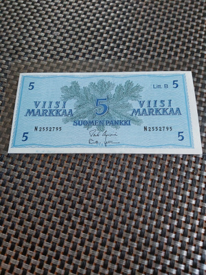 Pakka sileä 5mk Litt.B seteli Litt B 1963