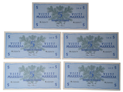 5 Markkaa 1963 Litt. B, peräkkäiset numerot