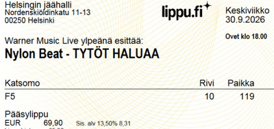 Nylon Beat Tytöt Haluaa Helsinki 30/9 konserttilippu