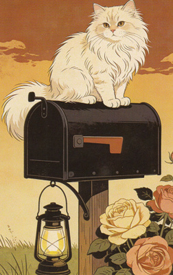 Valkoinen kissa mustan postilaatikon päällä