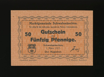 Saksa Notgeld 50 Pfennig, Schwabmünchen 1.3.1917