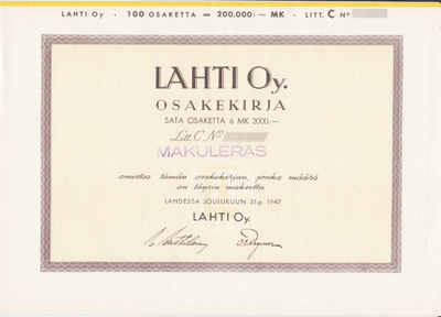 OKK 1947 Lahti Oy bla, Lahti osakekirja
