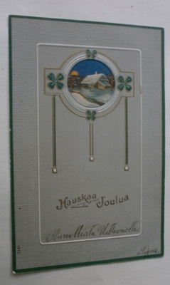 Mökki illalla, art nouveau -tyylinen joulupk, p. 1907