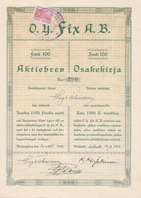 OKK 1918 Oy Fix Ab, Helsinki osakekirja